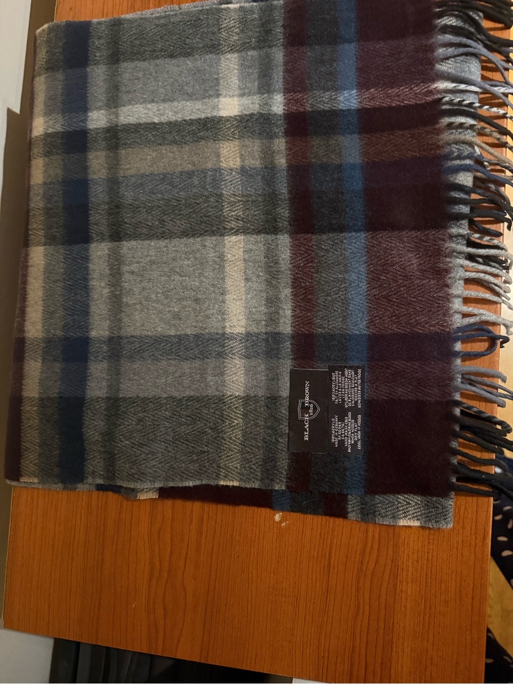 Black Brown 1826 Plaid Wool Scarf in Gray, Blue & Burgundy